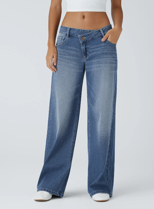 Kelby Flex™ Asymmetric Low Rise Zipper Pockets Baggy Wide Leg Washed Casual Jeans