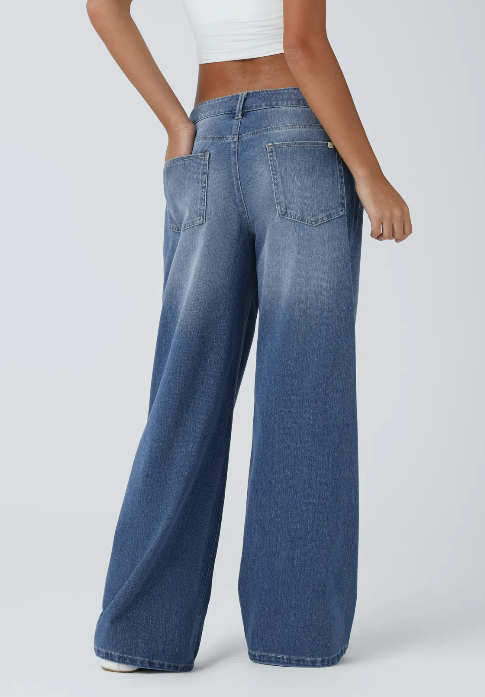 Kelby Flex™ Asymmetric Low Rise Zipper Pockets Baggy Wide Leg Washed Casual Jeans