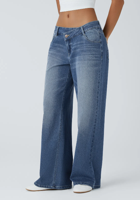 Kelby Flex™ Asymmetric Low Rise Zipper Pockets Baggy Wide Leg Washed Casual Jeans