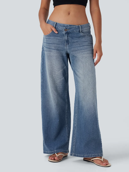 Kelby Flex™ Asymmetric Low Rise Zipper Pockets Baggy Wide Leg Washed Casual Jeans