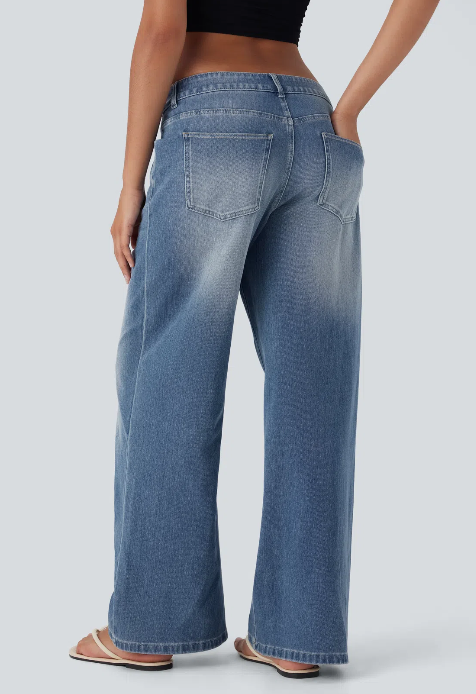 Kelby Flex™ Asymmetric Low Rise Zipper Pockets Baggy Wide Leg Washed Casual Jeans