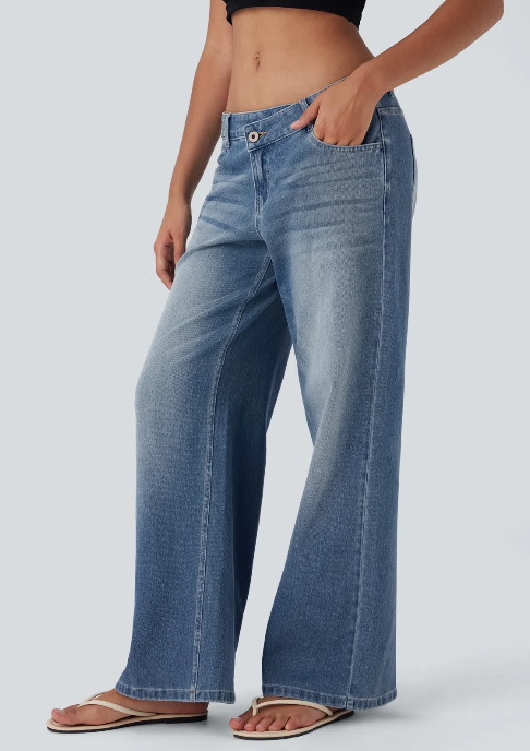 Kelby Flex™ Asymmetric Low Rise Zipper Pockets Baggy Wide Leg Washed Casual Jeans