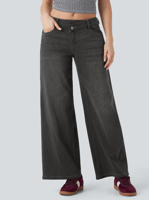 Kelby Flex™ Asymmetric Low Rise Zipper Pockets Baggy Wide Leg Washed Casual Jeans