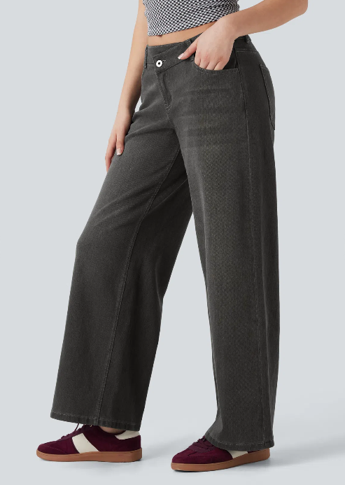 Kelby Flex™ Asymmetric Low Rise Zipper Pockets Baggy Wide Leg Washed Casual Jeans