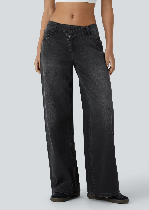 Kelby Flex™ Asymmetric Low Rise Zipper Pockets Baggy Wide Leg Washed Casual Jeans