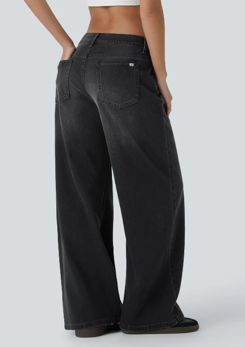 Kelby Flex™ Asymmetric Low Rise Zipper Pockets Baggy Wide Leg Washed Casual Jeans