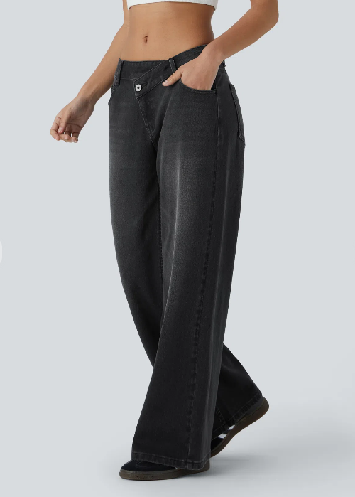 Kelby Flex™ Asymmetric Low Rise Zipper Pockets Baggy Wide Leg Washed Casual Jeans