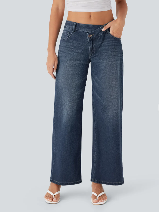 Kelby Flex™ Asymmetric Low Rise Zipper Pockets Baggy Wide Leg Washed Casual Jeans