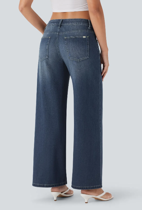 Kelby Flex™ Asymmetric Low Rise Zipper Pockets Baggy Wide Leg Washed Casual Jeans