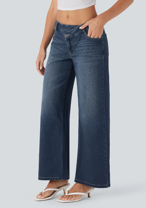 Kelby Flex™ Asymmetric Low Rise Zipper Pockets Baggy Wide Leg Washed Casual Jeans
