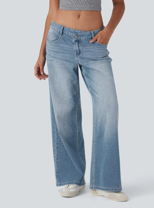 Kelby Flex™ Asymmetric Low Rise Zipper Pockets Baggy Wide Leg Washed Casual Jeans
