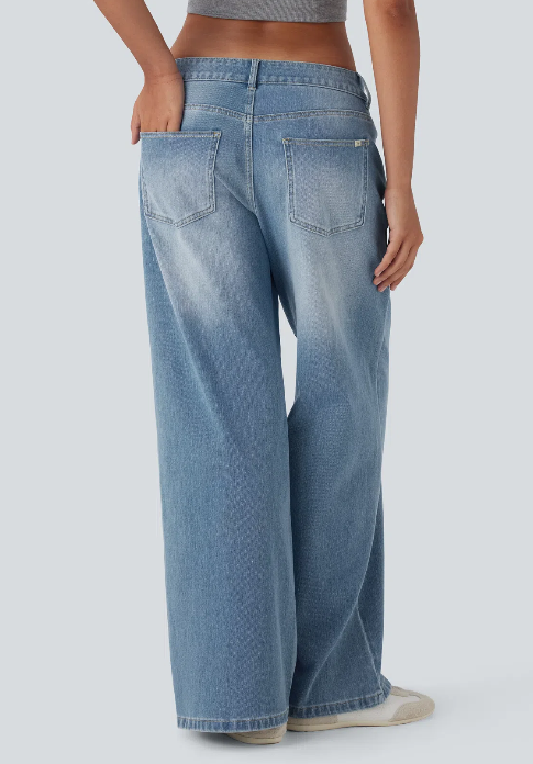 Kelby Flex™ Asymmetric Low Rise Zipper Pockets Baggy Wide Leg Washed Casual Jeans