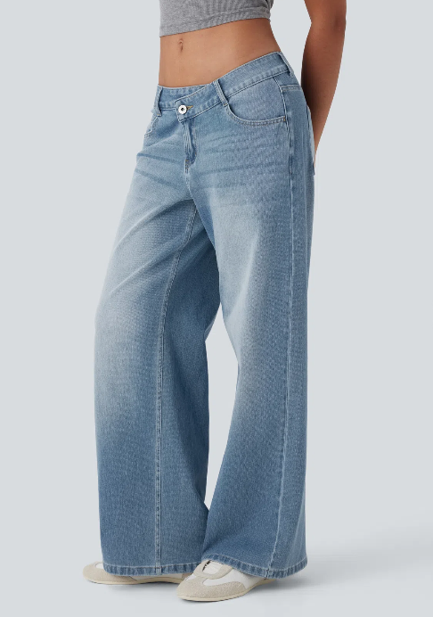 Kelby Flex™ Asymmetric Low Rise Zipper Pockets Baggy Wide Leg Washed Casual Jeans