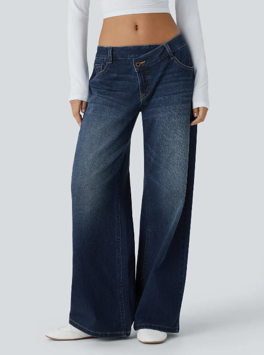 Kelby Flex™ Asymmetric Low Rise Zipper Pockets Baggy Wide Leg Washed Casual Jeans