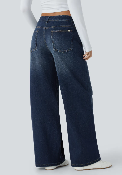 Kelby Flex™ Asymmetric Low Rise Zipper Pockets Baggy Wide Leg Washed Casual Jeans