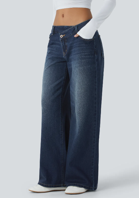 Kelby Flex™ Asymmetric Low Rise Zipper Pockets Baggy Wide Leg Washed Casual Jeans