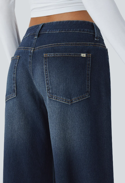 Kelby Flex™ Asymmetric Low Rise Zipper Pockets Baggy Wide Leg Washed Casual Jeans