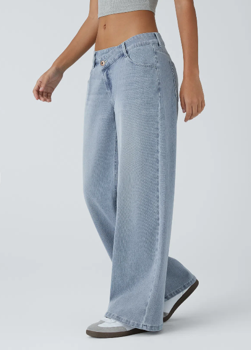 Kelby Flex™ Asymmetric Low Rise Zipper Pockets Baggy Wide Leg Washed Casual Jeans