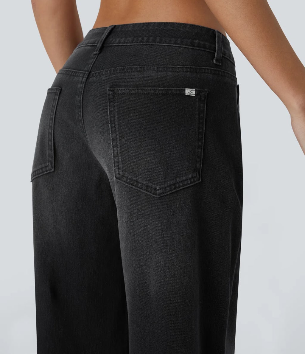 Kelby Flex™ Asymmetric Low Rise Zipper Pockets Baggy Wide Leg Washed Casual Jeans