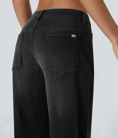 Kelby Flex™ Asymmetric Low Rise Zipper Pockets Baggy Wide Leg Washed Casual Jeans