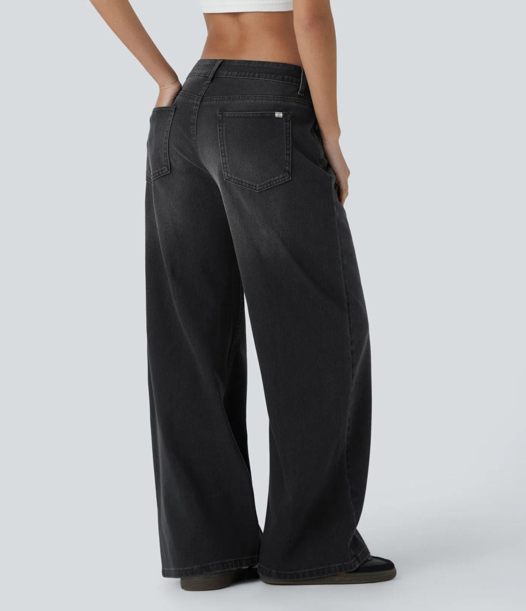 Kelby Flex™ Asymmetric Low Rise Zipper Pockets Baggy Wide Leg Washed Casual Jeans