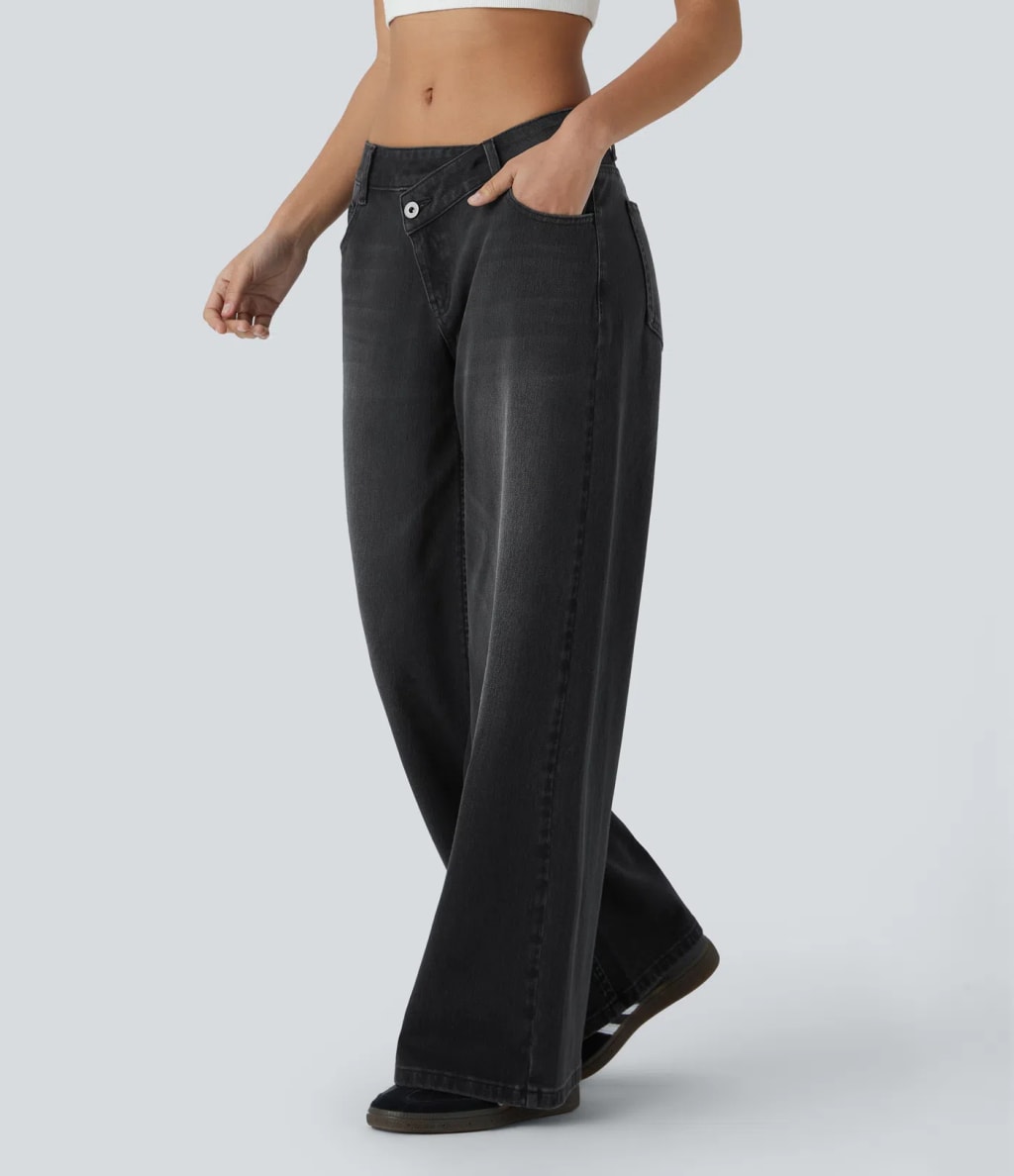 Kelby Flex™ Asymmetric Low Rise Zipper Pockets Baggy Wide Leg Washed Casual Jeans